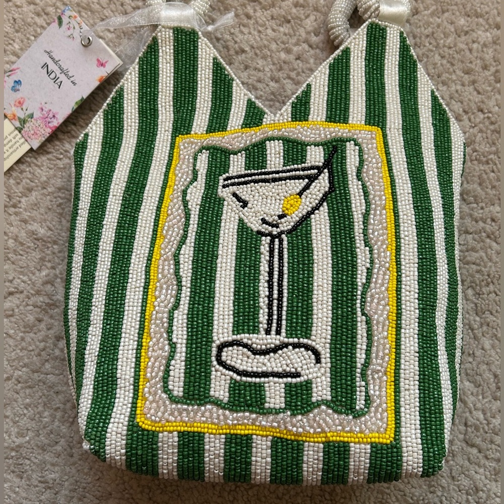 💜SOLD💜Handcrafted In India Beaded Martini Double Handle Satchel Green/White - Picture 5 of 11